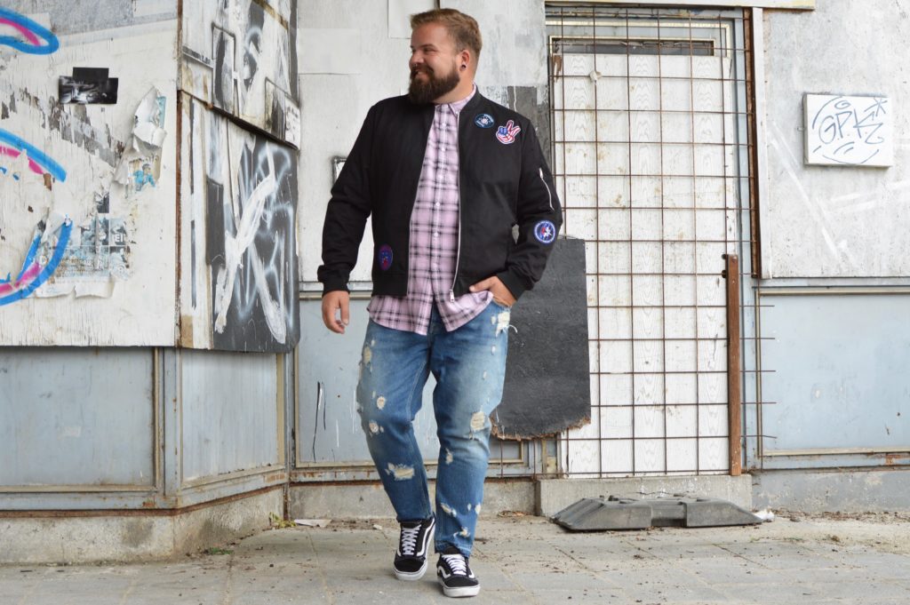 ASOS PLUS college style bomber jacket patches grunge