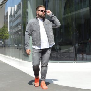 grey double denim jeans bonprix male plus size große Größen Outfit Granddad Kragen collar casual